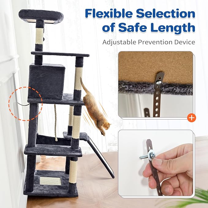 ABCPET Cat Tree Tower 63in Multi-Level Cat Tower for Indoor Cats with Sisal Scratching Posts, Condo, Hammock, Dangling Ball and Extended Platform for Cats to Play, Dark Grey