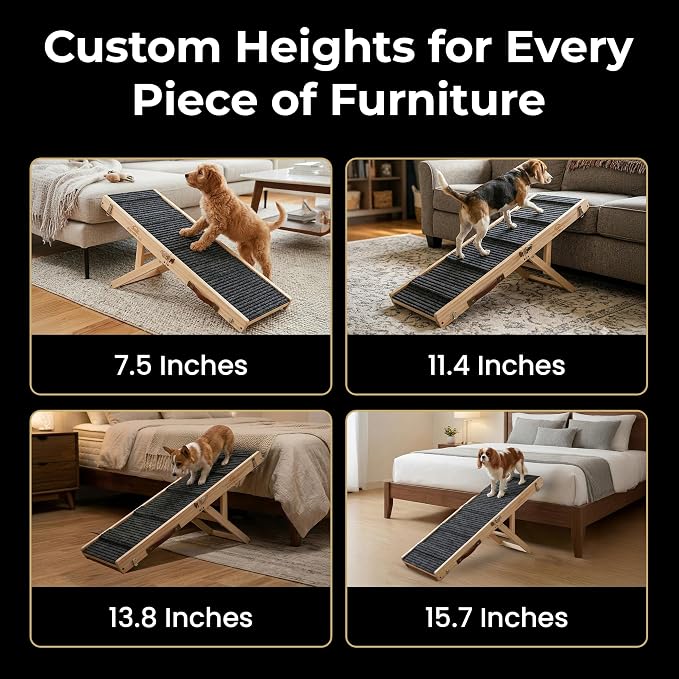 Dog Ramp for Bed & Couch, Foldable 4 Adjustable Dog Stairs for Small & Medium Dogs, Non-Slip Carpet Surface, Solid Pine Wood Dog Ramp for High Bed Sofa, Portable Dog Steps for Bed