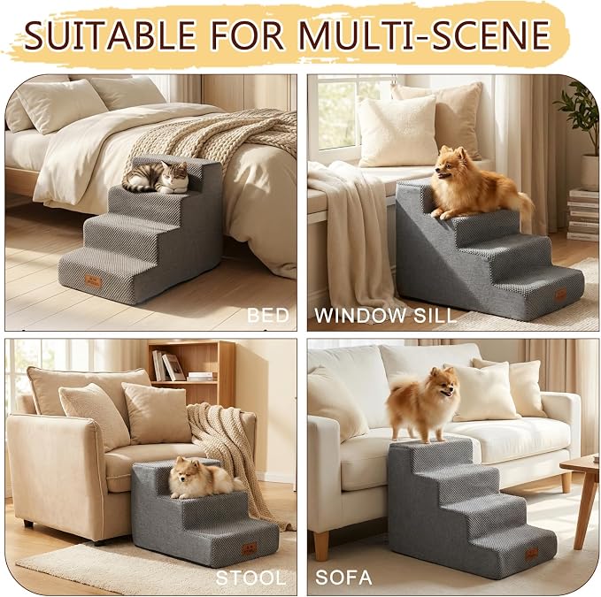 2 Pack Dog Stairs for Small Dogs 4-Step Pet Stairs for Bed Couch Chair Stool Non-Slip Pet Steps for Puppy Small Dogs Cat Older Pet Grey 17.7" H