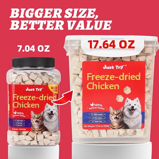 Just Try 1.1 LB Freeze Dried Chicken Cat & Dog Treats Food Topper Single Ingredient High Protein Grain Free Healthy Dog Training Treats - Large Size