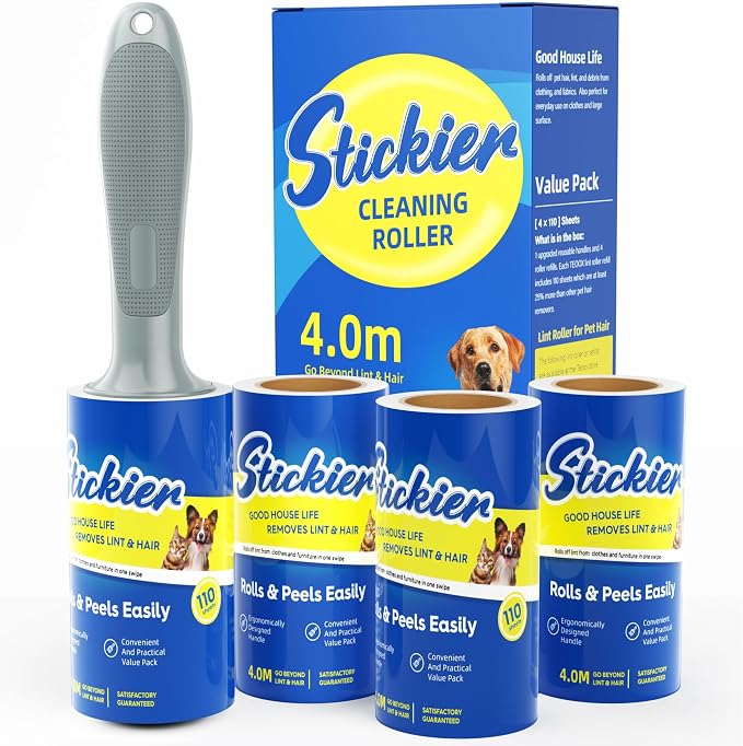 Lint Roller for Pet - Extra Sticky Hair Removal Roller 440 Pieces Value Pack Easy Tear & Quick Change Design Comes with 1 Upgraded Handle & 3 Roller Changes for Clothes & Dog & Cat Hair Removal