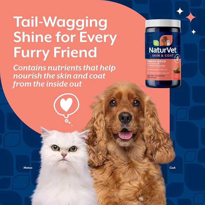 NaturVet – Omega-Gold Plus Salmon Oil | Supports Healthy Skin & Glossy Coat | Enhanced with DHA, EPA, Omega-3 & Omega-6 | for Dogs & Cats | 180 Soft Chews