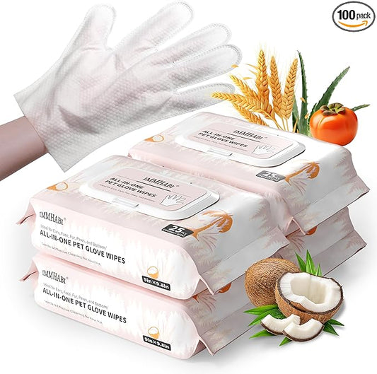 IMMHABI 100 Count Cleaning Deodorizing Pet Glove Wipes for Dogs & Cats, Hypoallergenic Dog Bath Wipes with Natural Deodorizer Persimmon Tannin, Pet Bathing Wipes for Horse Coat Care Coconut Scent