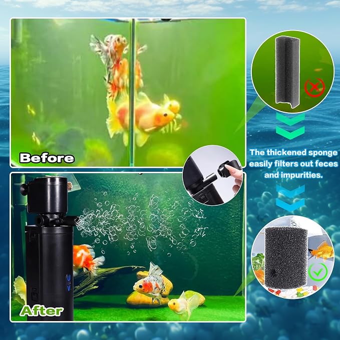 Dual-Chamber U-V Aquarium Filter, 4-in-1 Submersible Fish Tank Filter for 20-75 Gal Turtle Tanks, Ultra-Silent Green Clean Machine with Filtration, Wave Making & Oxygenation