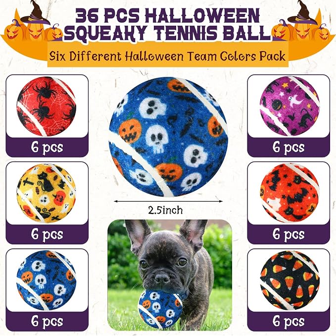 Seenelling 36 Pcs Dog Squeaky Tennis Balls 2.5 Inch Interactive Balls for Small Medium Large Dogs Teething Chew Toys for Throwing Fetch Exercise Playing Outdoor 6 Style(Spider)