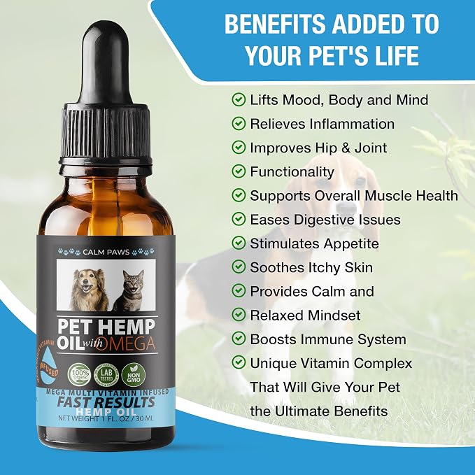 Calm Paws Hemp Oil for Dogs & Cats - Dog Calming Oil, Cat Muscle & Immune Support Oil - Anxiety & Pain Relief Pet Hemp Oil for Stress, Joint & Pain Support - 1 oz Amber Bottle with Silicone Dropper