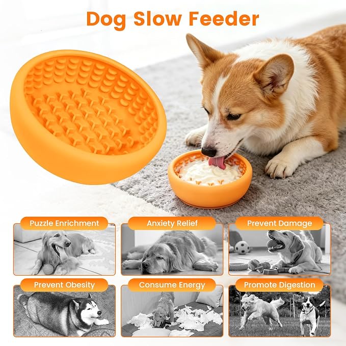 Dog Slow Feeder Licking Bowl,Freezeable Anxiety Relief Treat Dispenser, Non-Slip Anti-chocking Pet Dish,Entertainment Interactive Puzzle Toy for Small Medium Breed, BPA Free Silicone Dishwasher Safe