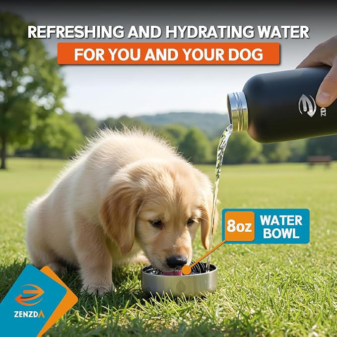 3-in-1 Dog Water Bottle – Insulated Stainless Steel Travel Bottle with Food Bowl, Leakproof, Carrying Bag & Brush