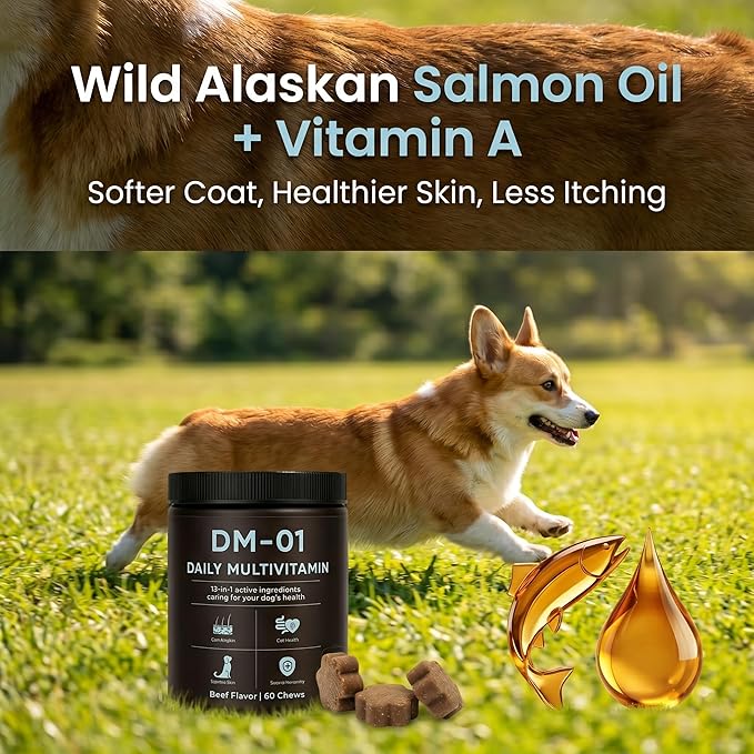 DM-01 Daily Multivitamin, Multivitamin Itch Relief Chews for Dog, with Folic Acid, Salmon Oil, Chondroitin & Natural Vitamins, Skin and Coat Healthy, Digestive & Boost Immunity, 60 Chews (Beef)