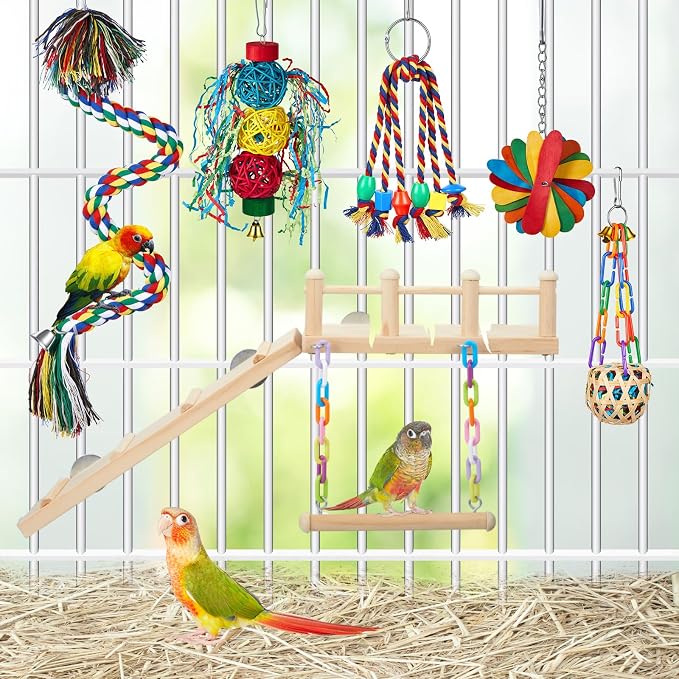 6 Pcs Parakeet Cockatiel Bird Toys, Parrot Swing Chewing Hanging Toys, Colorful Style Parrots Cage Accessories, Interactive Chew & Climb Play Set (Interactive Style)