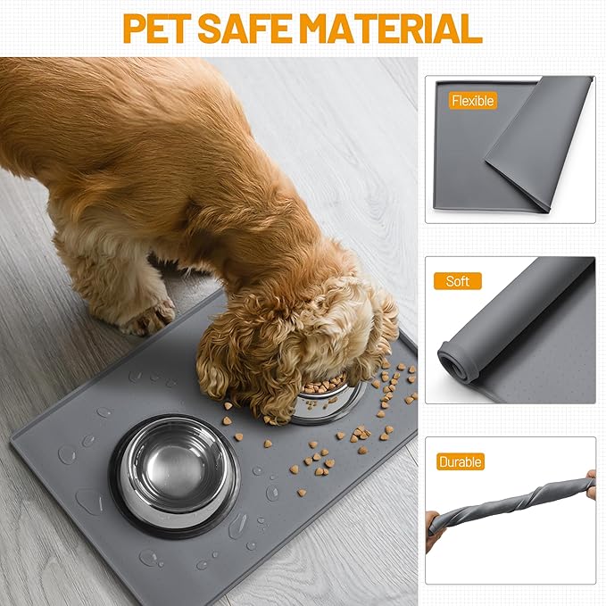 Hubulk Dog Feeding Mat,100% Waterproof BPA Free Silicone Pet Food and Water Bowl Placemat,Dishwasher, High Raised Edge to Prevent Spills,Nonslip Tray to Stop Messes on Floor (19"x12"x0.5", Grey)