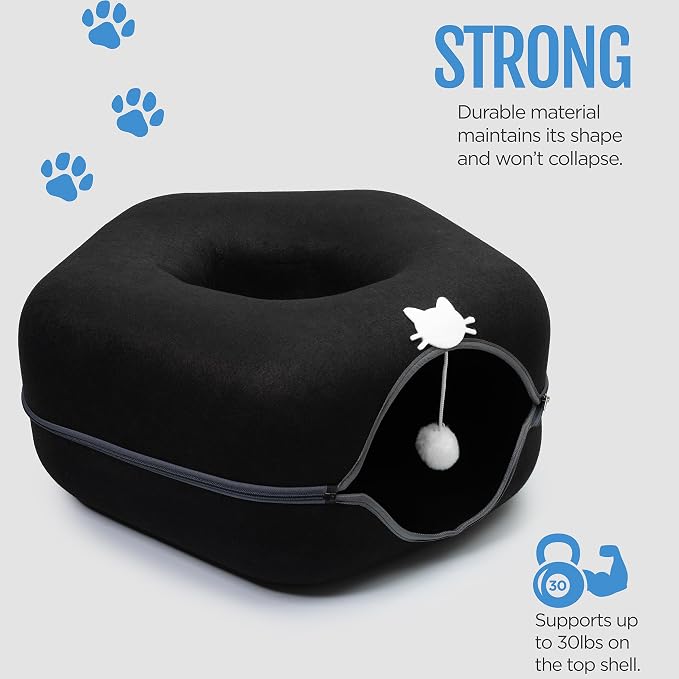 Large Cat Cave Bed for Indoor Cats, Cat Donut Tunnel Bed with Peekaboo Hideaway, Hanging Toy Ball & 3 Play Balls, Felt Cat Cave Bed for Multiple & Large Cats to 30lbs, Detachable Washable Meow Mansion