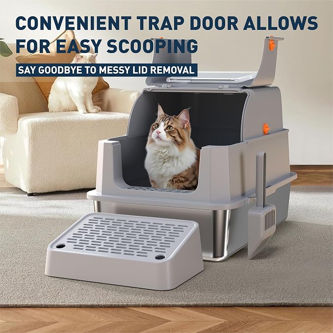 Stainless Steel Cat Litter Box - Gray High-Sided Enclosed Design, Anti-Leak, Reduces-Odors, Non-Sticky, Easy to Clean, Metal Cat Litter Box, High Side Includes Scoop and Steps, Large Capacity Kitty