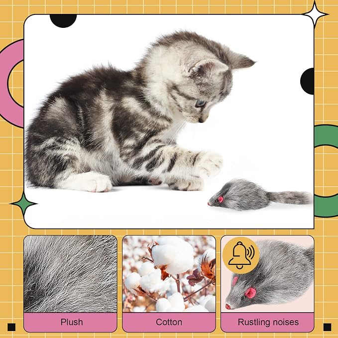 Hungdao 12 Pcs Furry Mice Interactive Catch Play Rabbit Fur Mouse Rattle Sound Rat Plush for PET Cats and Kittens, 3 Colors (White,Black,Gray)