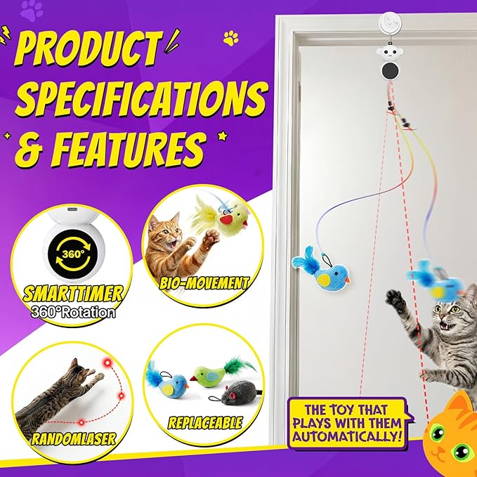 Interactive Cat Toys for Indoor Cats, 2-in-1 Laser Pointer Cat Toy with Automatic Flying Bird & Mouse Wand, Adjustable Speed USB Rechargeable Doorway Hanging Toy for Bored Kittens and Adult Cats