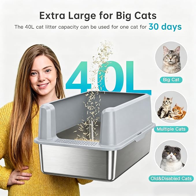 WoofiGo Stainless Steel Cat Litter Box with Lid, XL Extra Large Metal Kitty Litter Box Enclosed for Big Cats, High Sided, Anti-Urine Leakage, Non-Stick Bottom, Include Litter Mat & Metal Scoop (Gray)