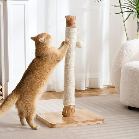 29" Tall Solid Wood Cat Scratching Post for Indoor Cats, Extra Stable Heavy Base, Natural Sisal Scratcher with Hanging Ball, Furniture Protector for Kittens & Adult Cats, White