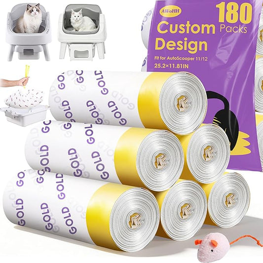 180 Count Automatic Cat Litter Box Bags for Pet Pivot AutoScooper 11/12 Open-Top Self-Cleaning Cat Litter Box, Heavy Duty Leak-Proof, Drawstring Design, Unscented, 25.19” x 11.8”