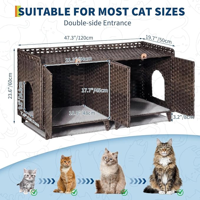 GAOMON Cat Litter Box Enclosure Furniture, Handwoven Rattan Cat Houses, Hidden Cat Washroom Furniture with Door/Mat, Large Space Cat Houses with S-Shaped Hooks, Living Room, Bedroom, Brown