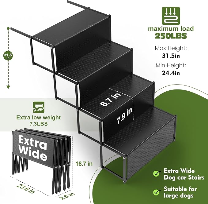 Dog ramps with 23.6" Extra-Wide - Portable 4-Dog Steps with Non-Slip Surface, 250 lbs Capacity for Large Dogs, Extra-Wide Foldable Dog Ramps for Cars, SUVs, and Trucks