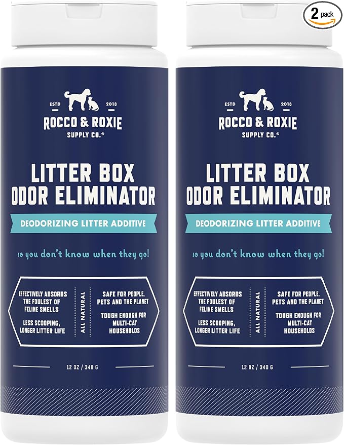 Rocco & Roxie Litter Box Odor Eliminator, Best Natural Urine Deodorizer for Cat Litter Boxes Cats Smell Control, Odor Absorber, Safe for Kitty, 12 oz pack of 2