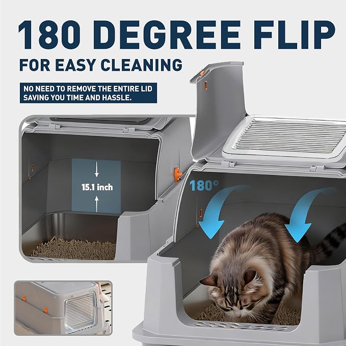 Stainless Steel Cat Litter Box - Gray High-Sided Enclosed Design, Anti-Leak, Reduces-Odors, Non-Sticky, Easy to Clean, Metal Cat Litter Box, High Side Includes Scoop and Steps, Large Capacity Kitty