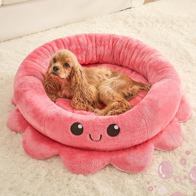 Jiupety Cute Calming Dog Beds Clearance for Large Dogs, Anxiety Bolster Dog Bed with Octopus Shape, Pink, Red, Boho, Round Pet Bed Cat with Removable Cushion