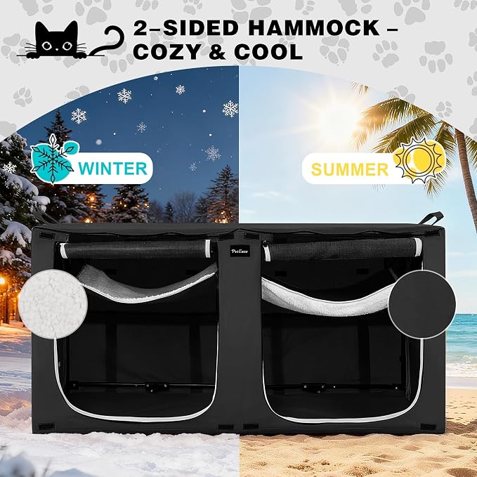 Huge Sapce Double Compartment Cat Travel Carrier with Litter Box & Homack | Cat Show Kennel Cage Crate with Mat & Water Bottle