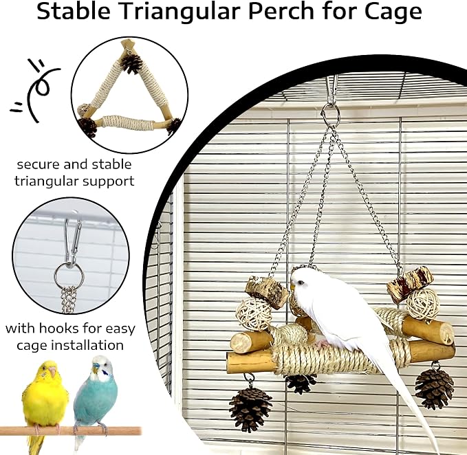 2pc Spinner Toys and 3-Sisal Perch Swing Set – Interactive Wooden Chew Toys with Bells and Balance Training for Parakeets Cockatiels Conures Lovebirds Quaker
