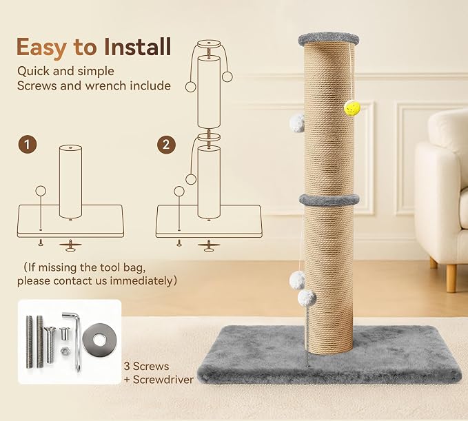 5-Inch Thick Sisal Cat Scratching Post, 36" Tall Tower, Gray | Cat Scratch Tower with Top Platform, Extra-Stable 20.8×15.9" Base, Durable Cat Scratcher, For Indoor Cats