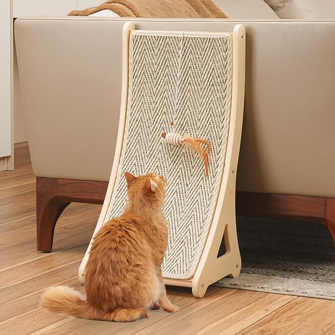PETKARAY Curved Cat Scratcher, Sisal Kitty Scratching Ramp, L Shape Scratch Pad for Indoor Cats, 25.6" Furniture Protector with Mouse Toy, Chevron Style