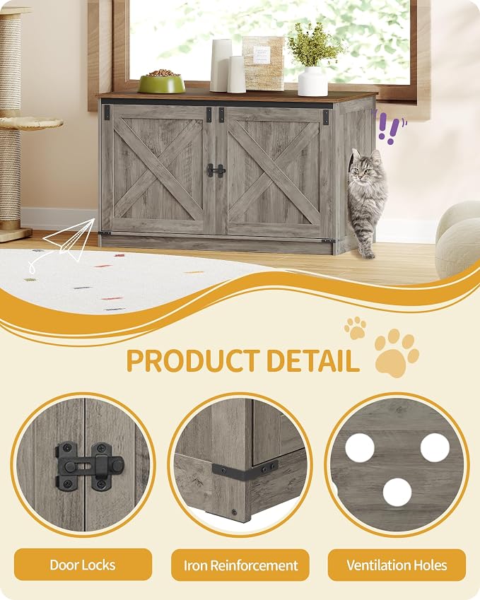 Hzuaneri Cat Litter Box Enclosure with Cushion, Hidden Litter Box Furniture with Removable Dividers, Reversible Entrance Left or Right Side, Cat House, Greige CB84705X