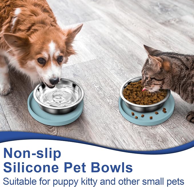 Arespark Pet Silicone Food Mat, 6in x 6in Set of 2 Nonslip Waterproof Feeding Bowl Mat with Raised Edges for Food and Water Prevent Spills, Round Eating Tray for Dog Cat Puppy Kitten (Light Blue)