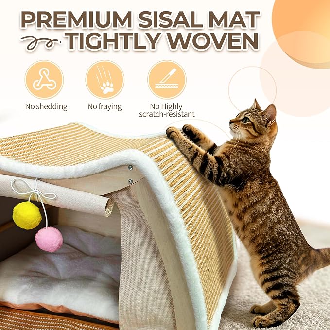 Cat Houses for Indoor Cats, Cat House with Natural Sisal Cat Scratcher Mat, Sturdy Solid Wood Frame Cat Houses & Condos, 4 Seasons Cat Bed Cave with Curtains, Sisal Scratching Pad & Mat