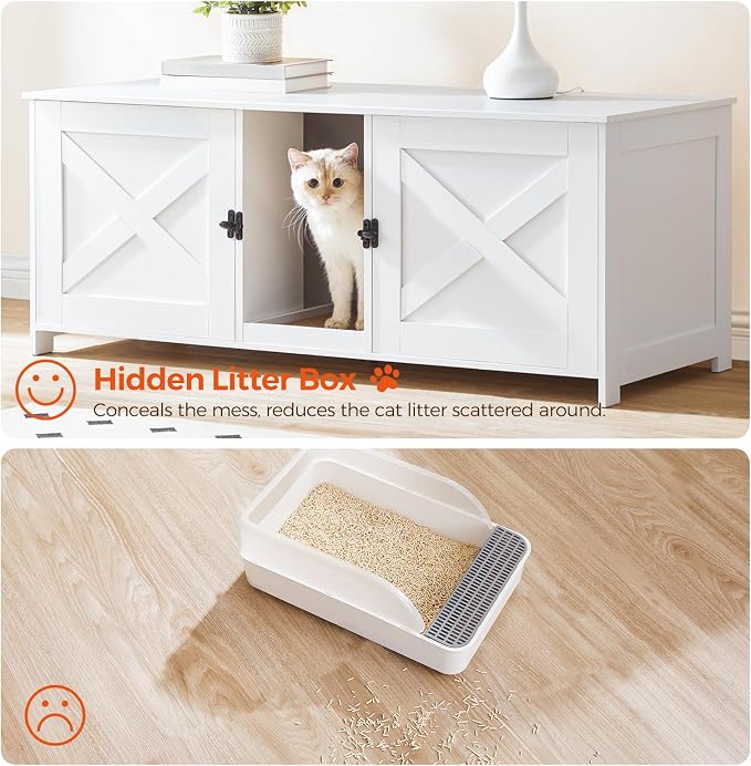 MAHANCRIS Cat Litter Box Enclosure for 2 Cats, 47.2" Hidden Litter Box Furniture with Double Room, Wooden Cats Washroom with Scratching Board, Indoor Cats House End Table, White CWWT1201