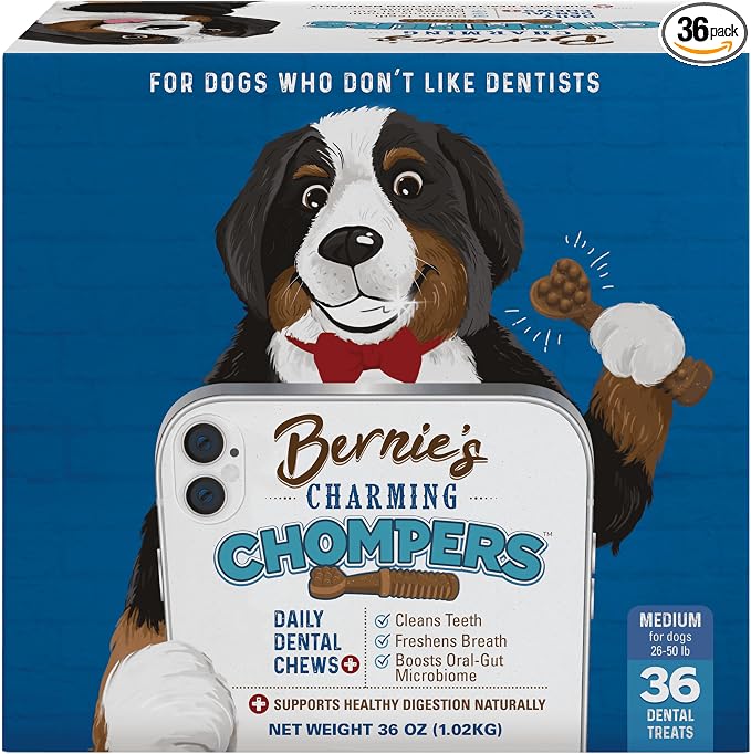 Bernie's Charming Chompers - Daily Dental Chews for Dogs 26-50 Lbs. - 36 Count - Cleans Teeth, Freshens Breath, + Boosts Oral-Gut Microbiome. Easy to Digest, Supports Healthy Digestion Naturally