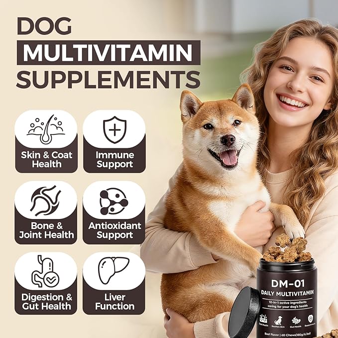 DM-01 Daily Multivitamin for Dogs, Multivitamin Itch Relief Chews Contain Glucosamine Probiotics Salmon Oil for Skin Coat, Gut & Immune Supports, 60 Chews (1)