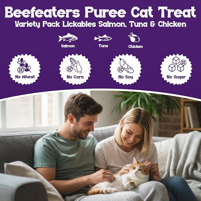 Beefeaters Lickable Cat Treats 48 Count – Puree Squeeze Up Tubes Variety Pack (Salmon, Tuna & Chicken) | Grain Free, Taurine Enriched, High Moisture for Picky Eaters | Cat Treat Topper or Snack