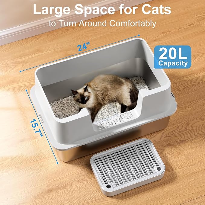 Stainless Steel Litter Box with Step Extra Large Cat Litter Box for Big Cats High Sides Enclosure XL Non-Sticky Easy Cleaning Anti-Urine Leakage (with Litter Scoop & Footboard, Grey)