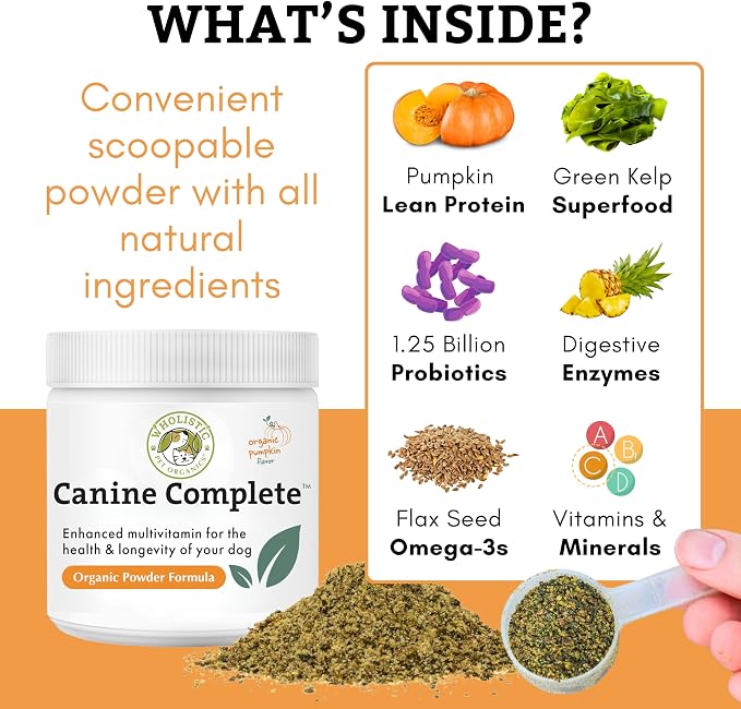 Wholistic Pet Organics Canine Complete - Dog Multivitamin Powder - 4 Lb - Daily Dog Vitamins and Supplements for Homemade Food - Immune System, Skin, Coat & Overall Health - All Breeds - 180 Scoops