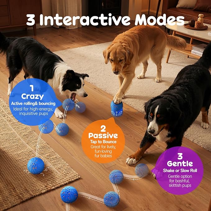 Smart Interactive Dog Toys, Colorful Led Lights, Blue | Upgraded Chew-Resistant E-TPU, Auto-Bounce & Rotating, Obstacle Avoidance, IPX7 Waterproof