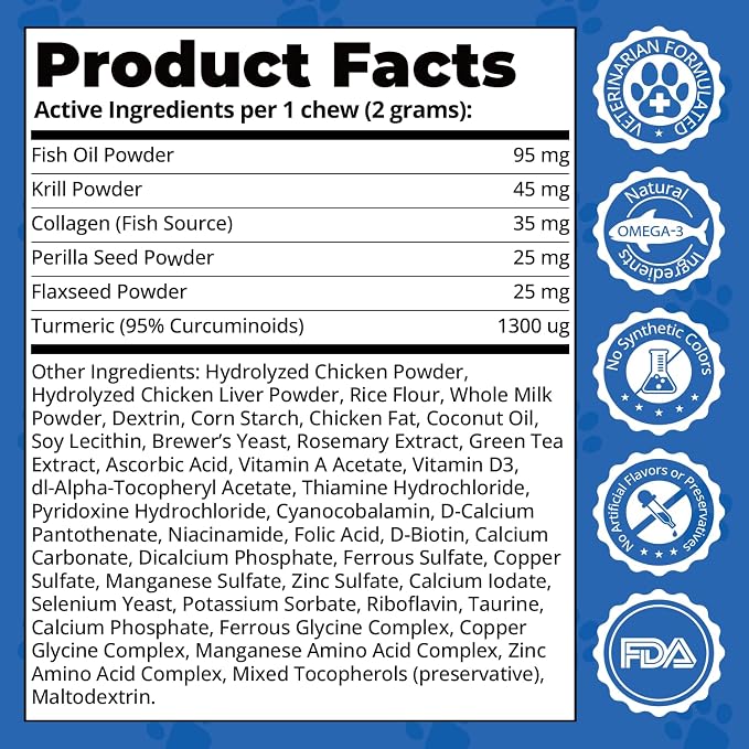 Omega-3 Skin & Coat Soft Chews for Dogs -120 Count, 2-Month Supply -Salmon Oil + Krill + Flaxseed with Turmeric & Green Tea -Itch Relief, Shedding Control & Healthy Coat for All Breeds