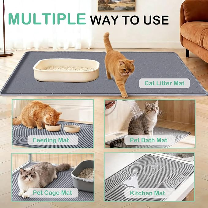 SORKUT Cat Litter Mat 34x22 Inch, Large Silicone Litter Box Mat for Floor Protection, Waterproof & Non-Slip, Soft for Cat Paws, Easy to Clean, Leak-Proof Edge, Gray