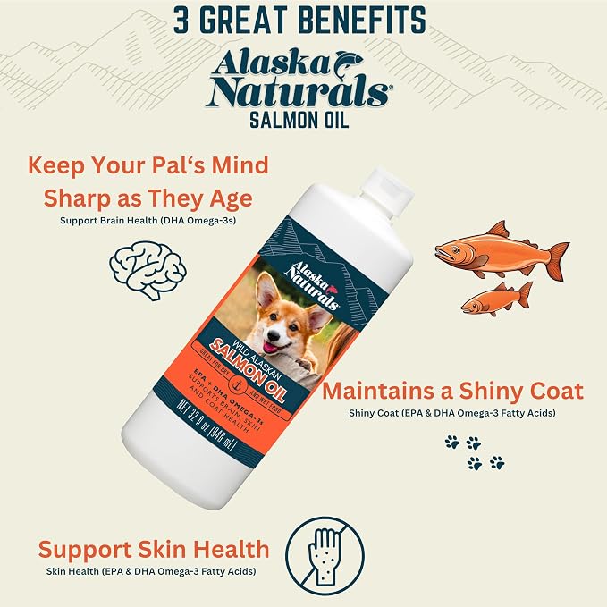 Alaska Naturals Wild Alaskan Salmon Fish Oil Supplement for Dogs Skin and Coat with EPA DHA Omega 3 Fatty Acids Liquid Food Topper 15.5 oz.