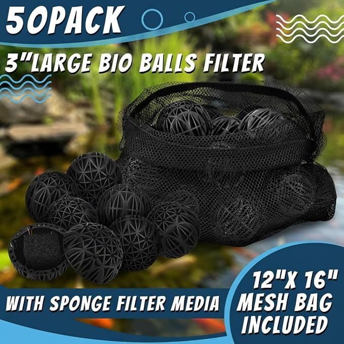 VIHOSE 50 Count 3 Inch Black Large Bio Balls Media Filter Durable Fish Pond Filter Media with Sponge Biological Filtration Mediums for Pond Aquarium Fish Tanks Filters with 12" x 16" Mesh Bag
