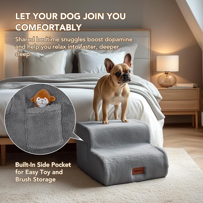 PETNOVO Ultra-Soft Faux Fur Dog Stairs for Bed and Couch, 3-Step Dog Steps for Small Dogs, Non-Slip Foam Pet Stairs, Washable Cover, 15.7" D x 22.4" W x 15.7" H, Gray