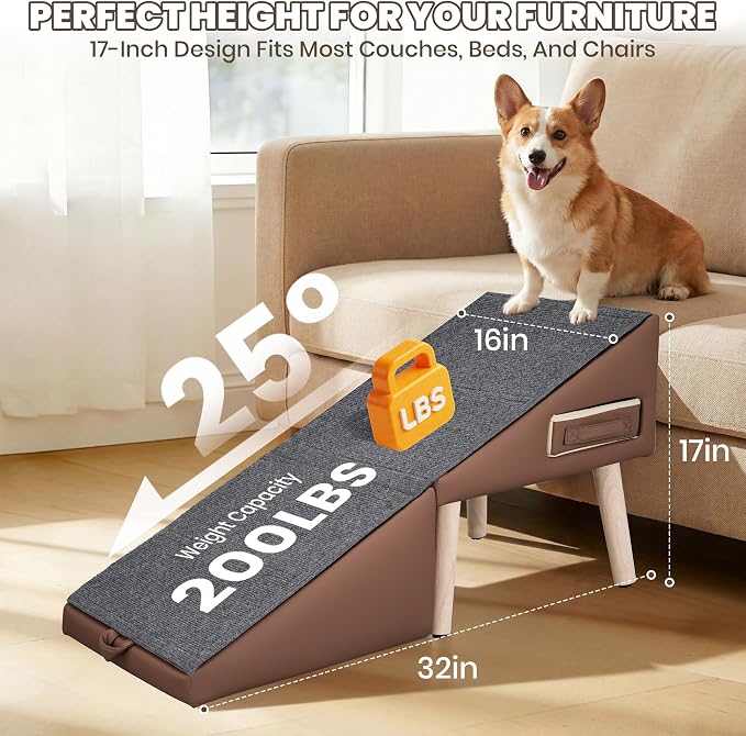 Dog Ramp for Couch and Bed, 17" H Stairs for Small to Medium Dogs and Cats Foldable Steps for Pets to Get on High Bed, Non-Slip Sturdy Ottoman Ramp with Storage Drawer, Brown