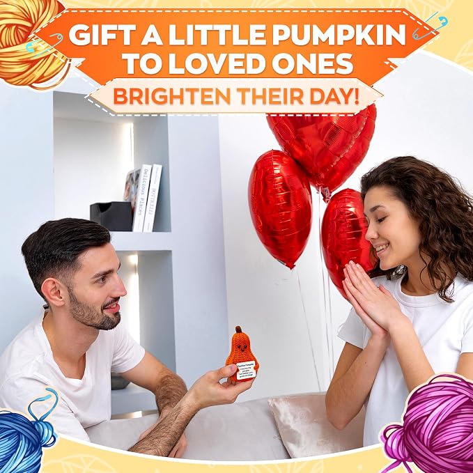 Reluen Positive Affirmation Pumpkin Crochet Dolls - Valentines Day Gifts Knitted Toys Home Office Decor Mini Dolls for Women - Positive Affirmation Gifts Desk Decorations Crochet Gifts, Orange