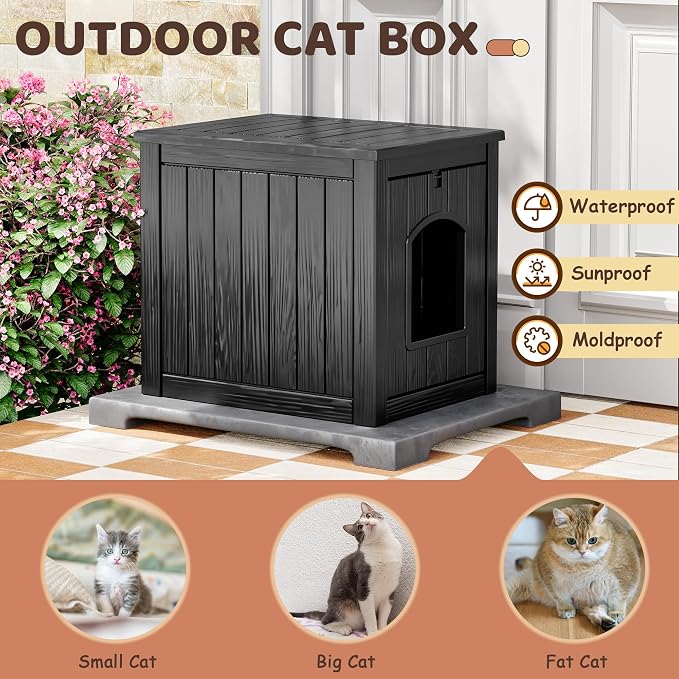 Cat Litter Box Enclosure, Resin Hidden Litter Box Furniture Side Table with Openable Front Door, Weatherproof Indoor & Outdoor Cat Litter Box Cabinet, Raised Floor, Easy to Clean & Assemble, Black