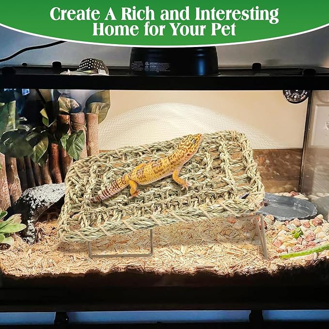 kathson Bearded Dragon Hammock with Ladder, Seagrass Reptile Basking Hammock with Metal Legs, Adjustable Lizard Bed Tank Accessories Decor for Amphibian Gecko Snake Hermit Crab Chameleon Climbing